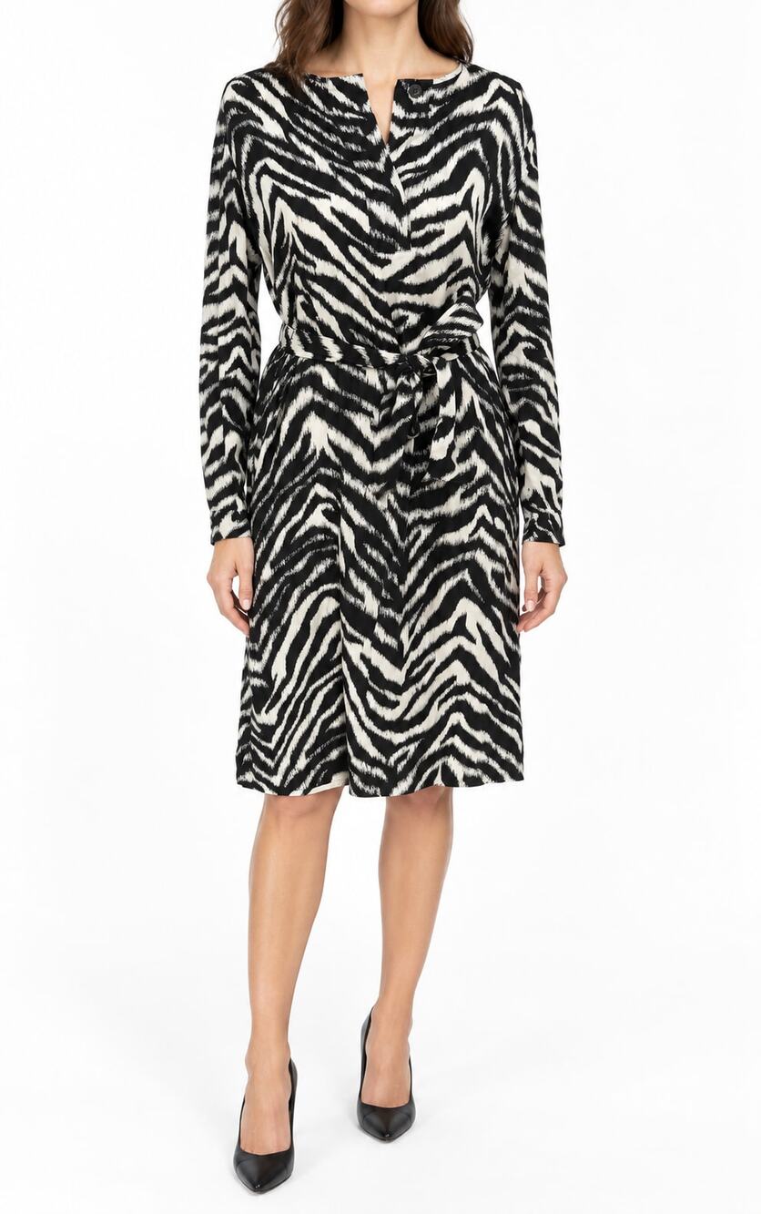 St. John Womens Black Ivory Zebra Abstract Print Tie Waist 100% Silk Dress Small